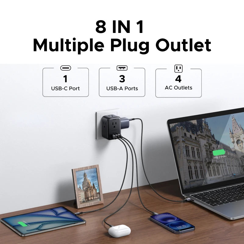 UGREEN Outlet Extender 20W Power Strip with 4 AC Outlets 3 USB A 1 USB C Wall Charger for Home Office Travel 1875W 15A 125V