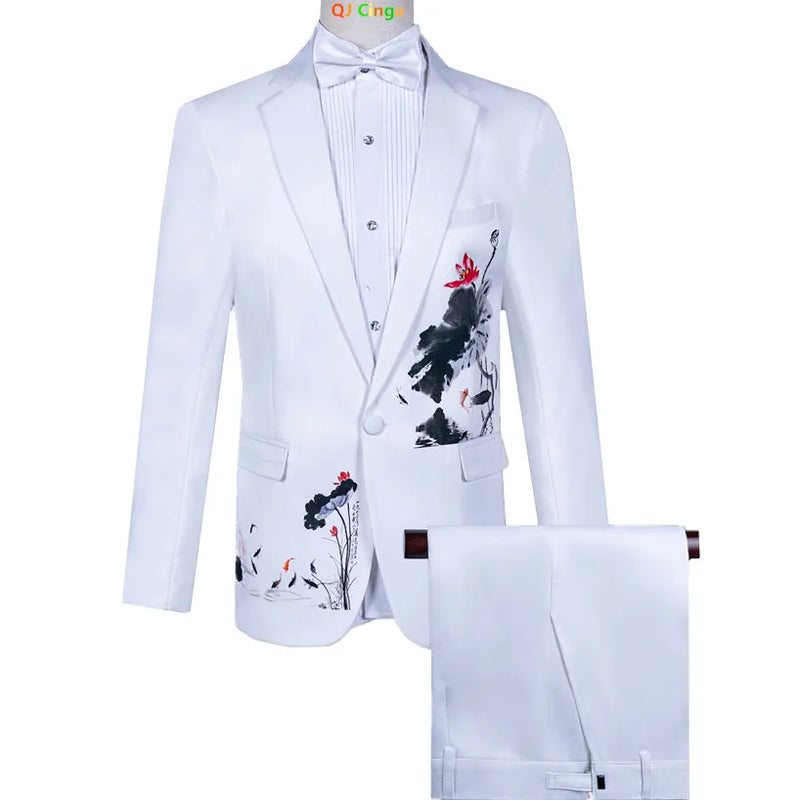 Men's Black Tuxedo Set with Diamond Embellished Jacket and Matching Trousers in White for Choirs/Stage Performances/Weddings
