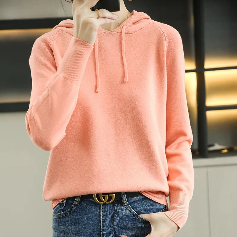 Spring Autumn New Hooded Pullover Sweater Knitwear Women's Long Sleeved Loose Leisure Knitted Hoodie Coat Pull Femme Tops