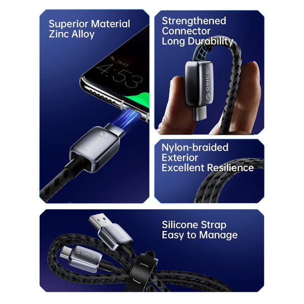 ORICO 100W USB Cable PD 5A Fast Charging Cord Type C Nylon Braid for Xiaomi MacBook Pro iPad Pro Samsung Galaxy Laptop iPhone15