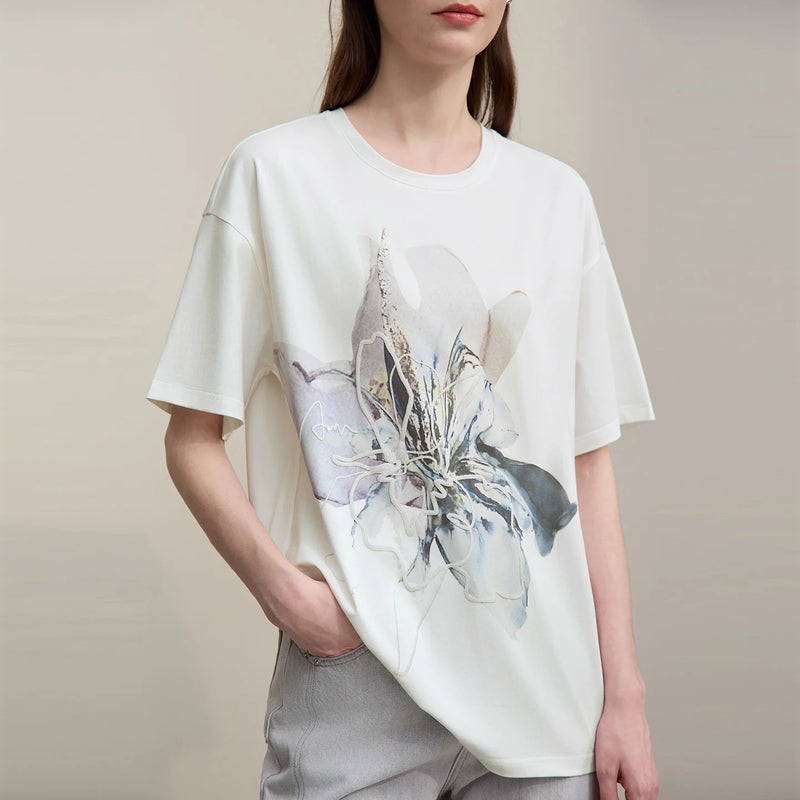 Amii Women's T-shirt Crew Neck Drop Shoulder Short Sleeve Tee 2026 Summer New Soft Cotton Blend Casual Loose Fit Top 12642017