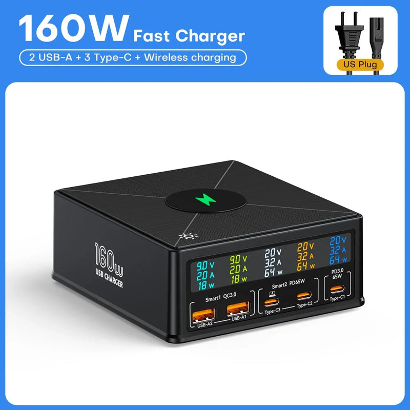 ស្ថានីយសាកថ្មឥតខ្សែ GaN USB 160W 15W អេក្រង់ LCD USB C PD 65W QC ឆ្នាំងសាកលឿនសម្រាប់ iPhone 14 Samsung Xiaomi កុំព្យូទ័រយួរដៃ