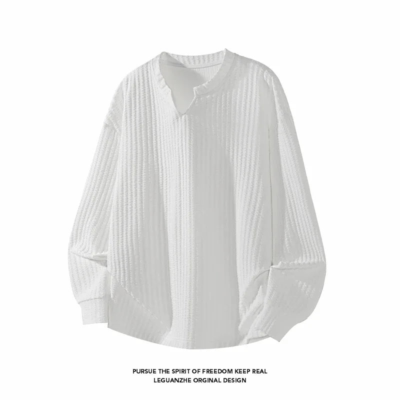 Daily Urban Henley Shirt Men Long Sleeve Split Notch Neck Vertical Texture Soft Fabric Basic Fashion Outer Garment