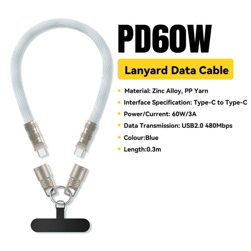 ខ្សែសាកទិន្នន័យ Essager 2 in 1 60W USB-C ទៅ Type-C Lanyard Data Cable 3A PD សាកលឿនសម្រាប់ iPhone 16 15 Samsung Huawei Laptop ខ្សែសាកប្រឆាំងការបាត់