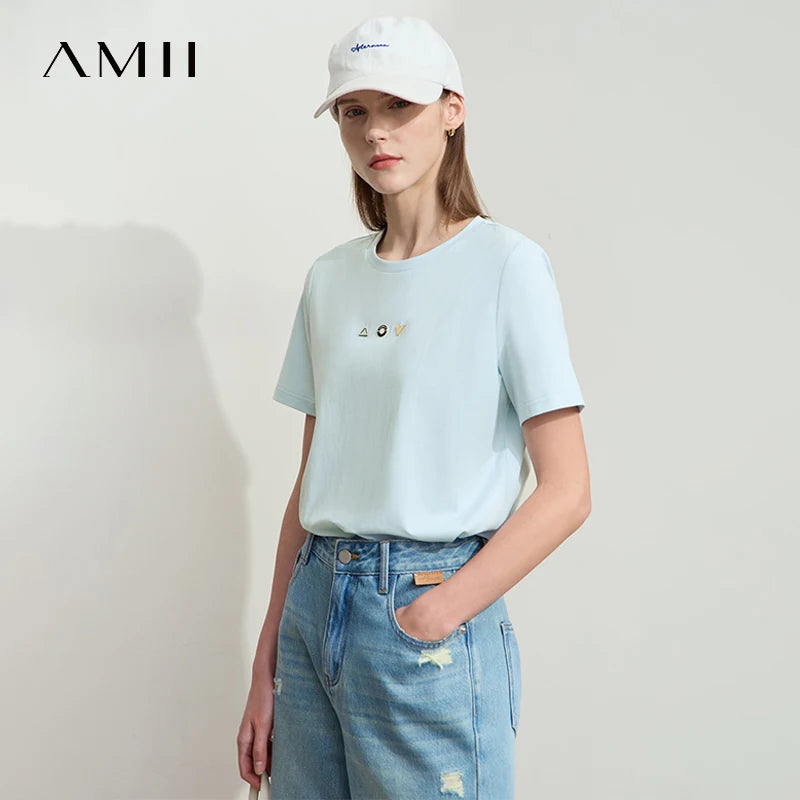 អាវយឺត Amii Minimalist សម្រាប់នារី កអាវខ្លី ដៃខ្លី ការតុបតែងធរណីមាត្រ កប្បាសប្រឆាំងបាក់តេរី អាវយឺតយឺត 12521088
