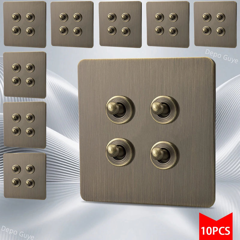 5/10 PCS Retro Eu Metal Wall Toggle Light Switch,1/2/3/4 Gang 2Way Bronzed Antique Stainless Steel Wall Panel Switch