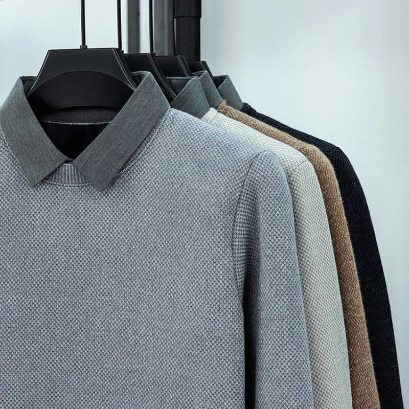 Men's Warm Two-Layer Sweatshirt with Sherpa Lining - Casual Autumn Winter Wear for Daily Outings Shirt Collar Pullover