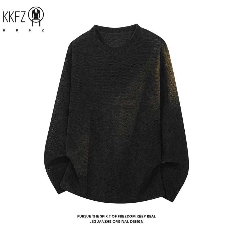 Mens Textured Knit Crew Neck Pullover Long Sleeve Washed Gradient Effect Relaxed Cut For Layered Styling Outfit