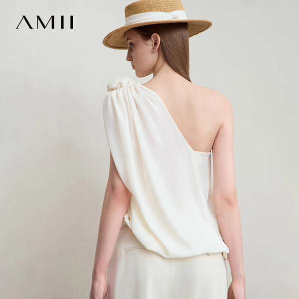Amii Minimalist Casual Light Luxury Chiffon Shirt Women 2026 Summer New Party Stereo Flower Slant Neck Shoulder Blouses 12542144
