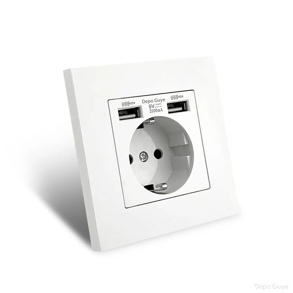 EU Power Socket ,Socket With 2USB Charging Port 2.1A,White Gray PC Panel 86mm*86mm Russia Spain Korea 16A Wall Socket for home