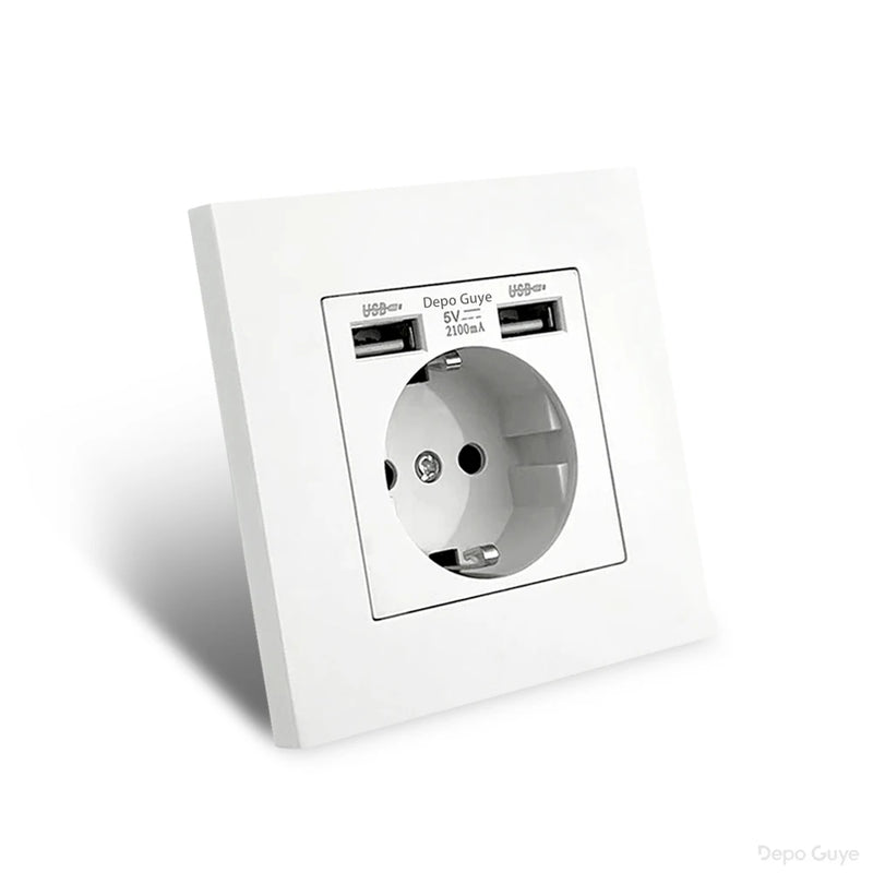 EU Power Socket ,Socket With 2USB Charging Port 2.1A,White Gray PC Panel 86mm*86mm Russia Spain Korea 16A Wall Socket for home