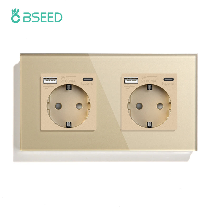BSEED EU Wall Sockets Single Power Outlet Double Glass Frame USB Type-C Charge Ports Triple Socket Plugs Kids Protection 16A