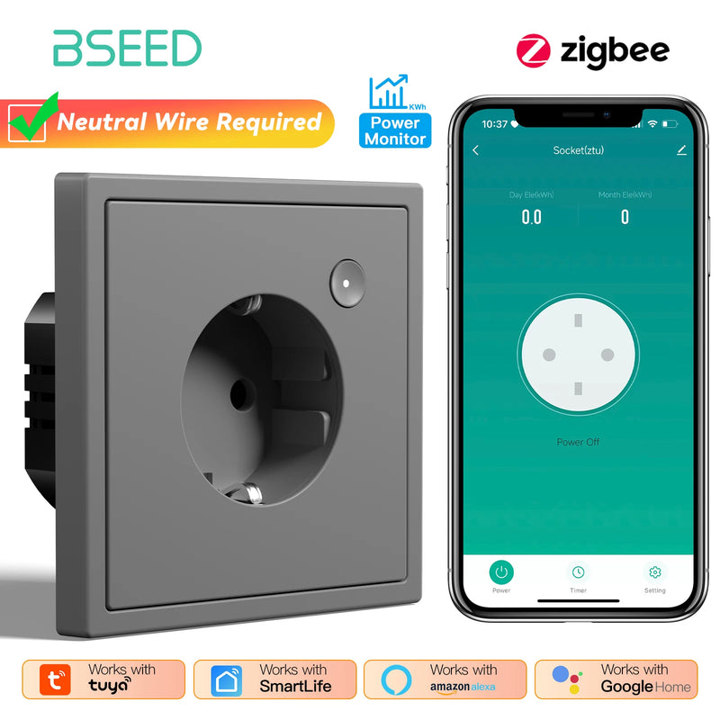 BSEED E Series Zigbee Socket Power Monitor Function Smart Electric Outlets Tuya Smart Life Google Home Control Plastic Frame