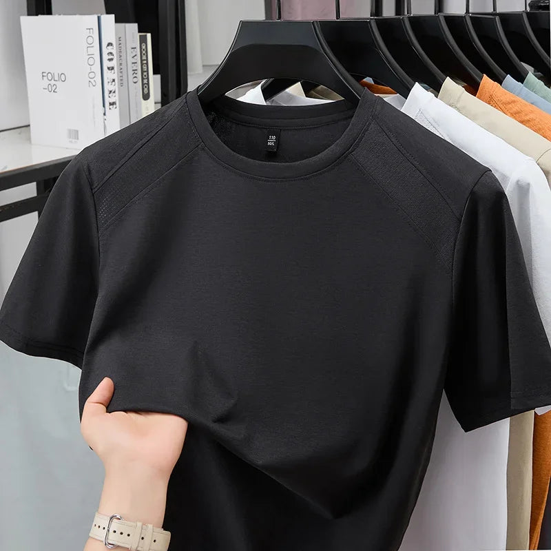 All Season Basic Solid Male Short Sleeve T Shirt Mesh Spliced Shoulder Home Rest Daily Commute Leisure Garment
