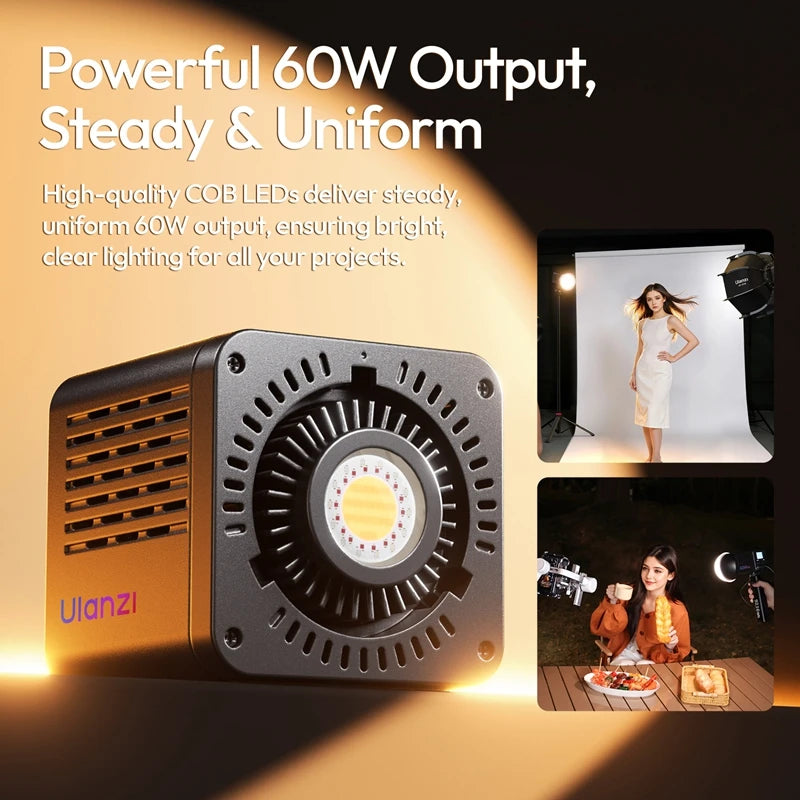ភ្លើង Ulanzi C60 RGB ចល័ត 60W COB LED ភ្លើងវីដេអូ 2500-6500K 3300mAh Mini Bowens Mount ភ្លើងថតរូបសម្រាប់ការផ្សាយផ្ទាល់