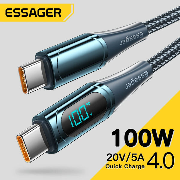 ខ្សែសាក Essager USB Type C ទៅ USB C 100W/5A PD សាកលឿនសម្រាប់ Macbook Xiaomi Samsung Type-C USBC Cable 2M