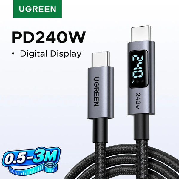 UGREEN USB-C Cable 240W Digital Display Screen PD3.1 Type-C Cord for Laptop iPhone Duo 18/17 Samsung S26-20 Smart Cord 0.5-3M