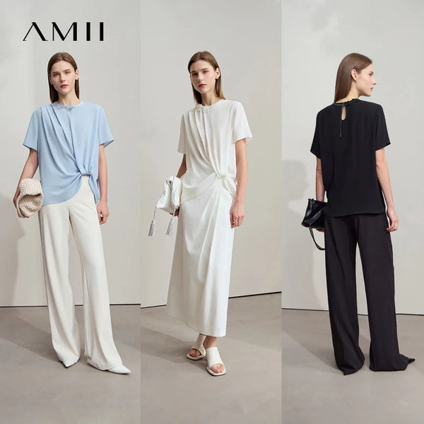 អាវ Amii Minimalist Premium Chiffon សម្រាប់នារី រដូវក្តៅ ឆ្នាំ២០២៥ កមូល អាវការិយាល័យ រចនាផ្កា ខ្សែសង្វាក់រំយោល ពណ៌តែមួយ 12542251