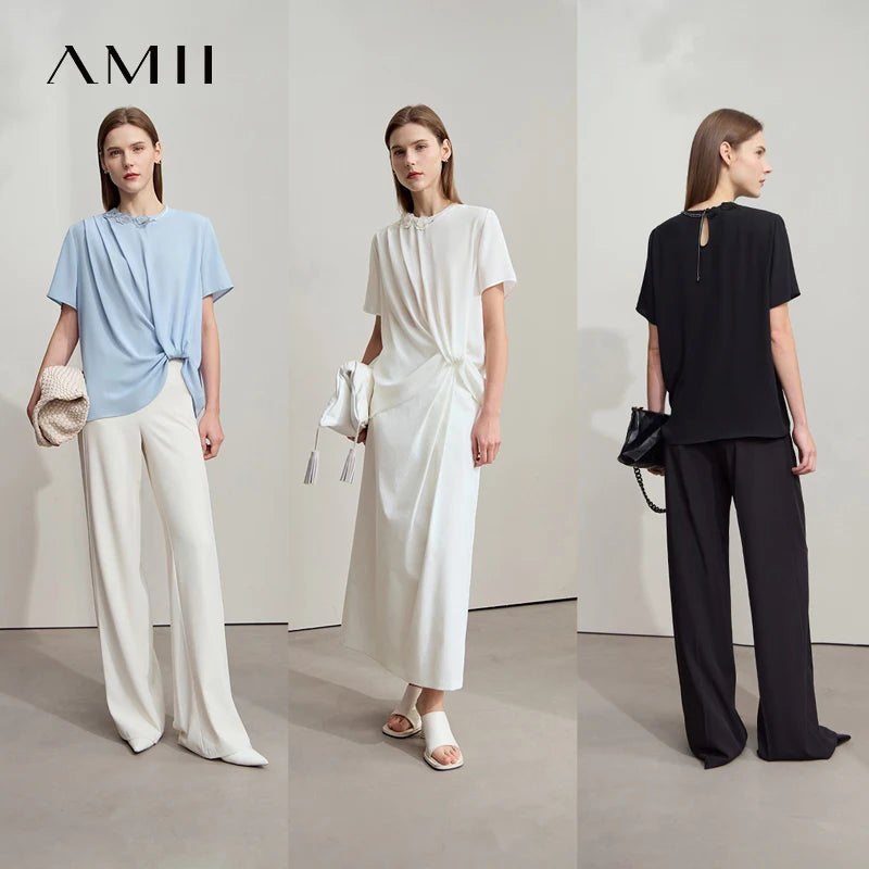 អាវ Amii Minimalist Premium Chiffon សម្រាប់នារី រដូវក្តៅ ឆ្នាំ២០២៥ កមូល អាវការិយាល័យ រចនាផ្កា ខ្សែសង្វាក់រំយោល ពណ៌តែមួយ 12542251