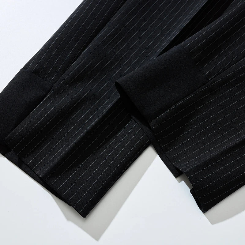 Black Suit Pants with Fine Stripes, Workwear-inspired Men's Casual Trousers, Ankle-Length Pants. 2026-2027