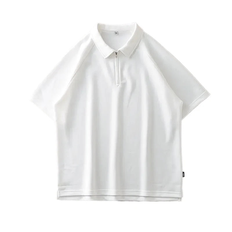 DUKEEN Men's Pique Fabric Zipper Polo Shirts Summer Solid Color Turndown Collar T Shirts White Short Sleeve Tees Golf Wear 2024