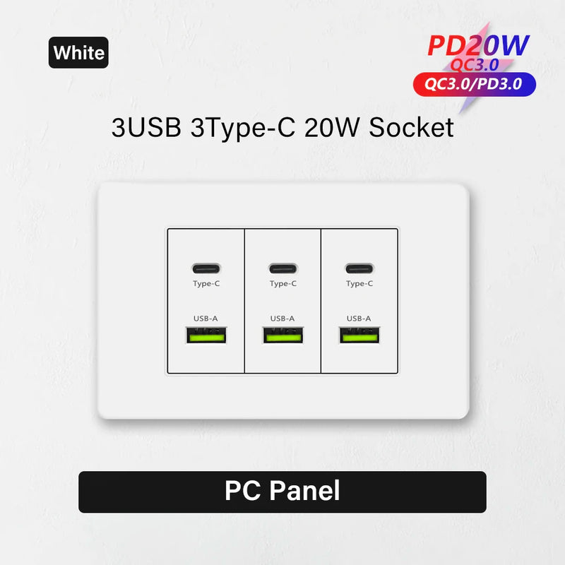 Korea Chile standard 20W Super Fast smart Charge Type C USB Port Power Wall Socket Plug,118*73mm Quick Charge electrical Outlet