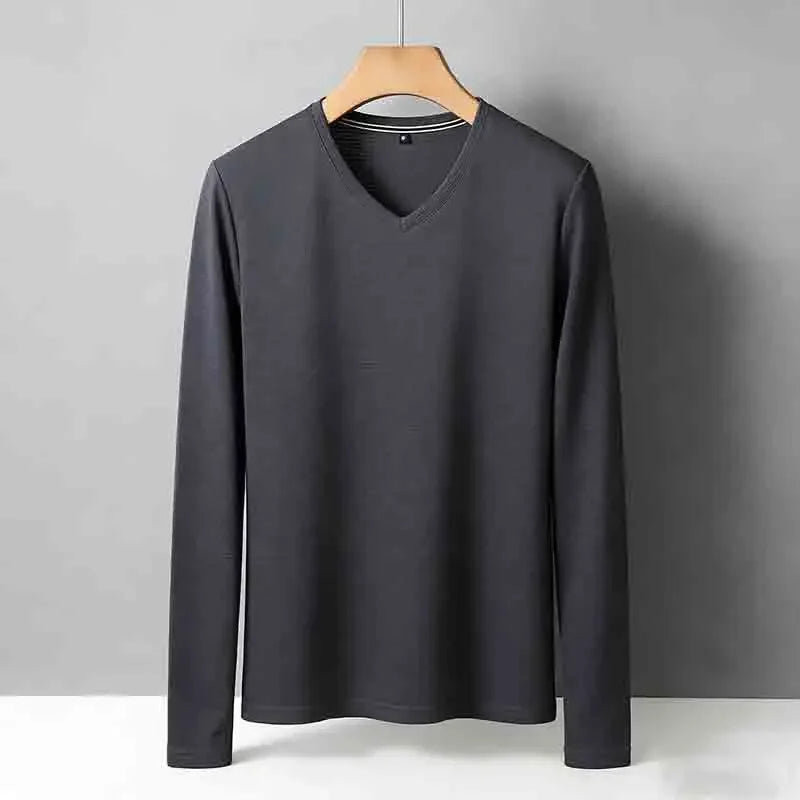 Men's Wrinkle-resistant Brown V-neck Long Sleeve T-shirt Easy Care Breathable Casual Top
