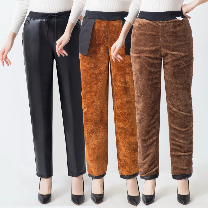 2026 Spring Women's Black PU Straight Pants, Fashion Casual Trousers Women, Asian Size Winter Padded Models Can Be Selected