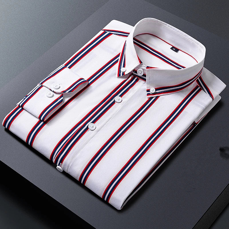 Black Striped Long Sleeve Shirt, Men's Single Breasted Shirts, with Square Collar Yellow Brown Camisas Para Hombre M-5XL