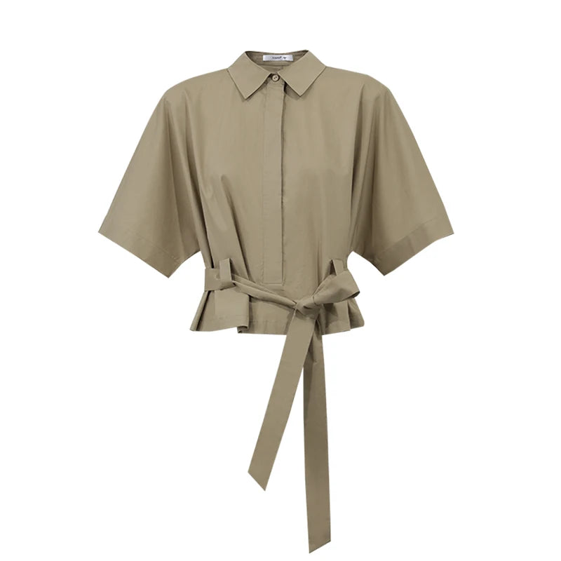Amii 100% Cotton Women's Shirt 2026 Summer New Lapel Collar Belted Dolman Sleeve Blouse Loose Casual Office Short Top 12642126