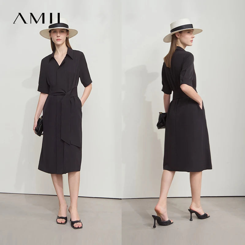 AMII Summer Office Lady Dresses Female 2026 Solid Short Sleeve Turn-down Collar with Belt Shirt Dresses Woman Fashion 12552048