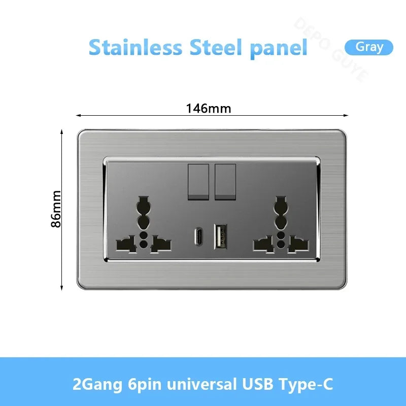 Universal Wall Light Switch Brushed Stainless steel Panel,UK Type-c 18W Quick Charging Socket 220V Double USB Electrical Outlet