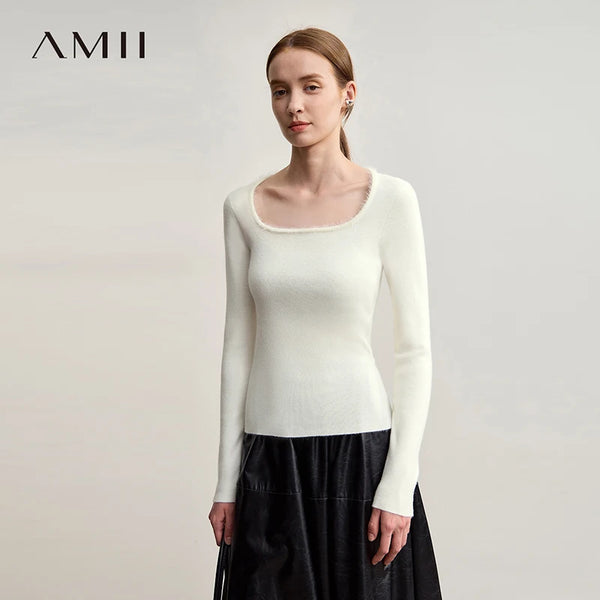 Amii Sweater For Woman 2026 Winter New Modern Retro Square Collar Sweater Slim Solid Versatile Women's Long Sleeve Top 12544142