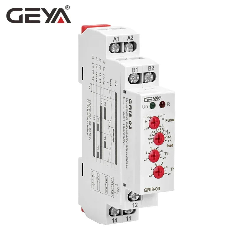 GEYA GRI8-03/04 ឧបករណ៍ត្រួតពិនិត្យចរន្តលើស និងក្រោម 0.5A 1A 2A 5A 8A 16A រេឡេត្រួតពិនិត្យចរន្ត