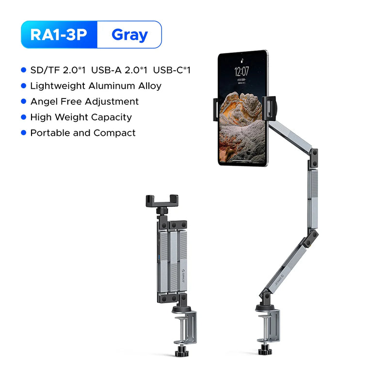 ORICO Clamp On Mechanical Arm Stand 360° Rotatable Foldable with SD TF USB-A 2.0 Interface for Tablet and Phone