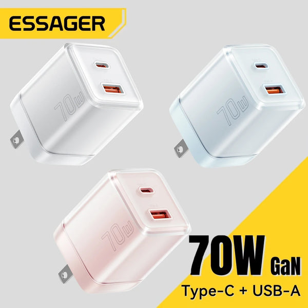ឆ្នាំងសាក Essager 70W GaN ប្រភេទ C សម្រាប់ iPhone 16 15 14 Pro Max MacBook QC4.0 PD3.0 PPS 45W ឆ្នាំងសាកសាកលឿនសម្រាប់ Samsung Travel