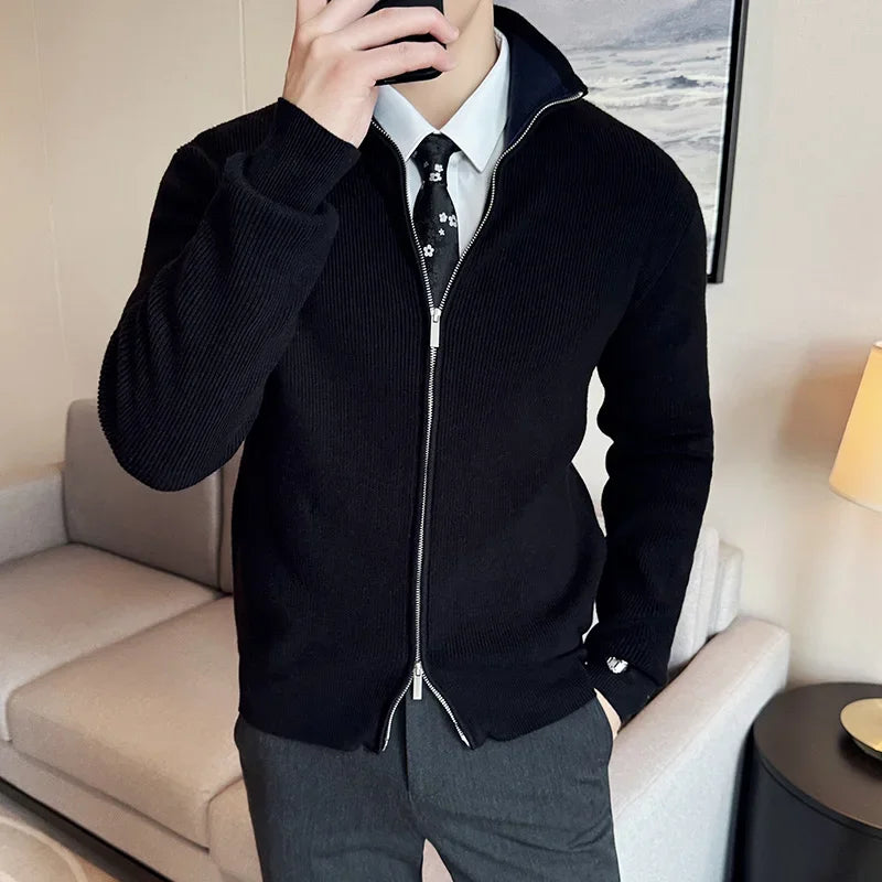Autumn and Winter Stretch Solid Color Zipper Cardigan, Daily Casual Men's Business Casual Sweater.Stand-up Collar Coat