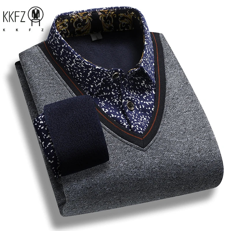 V Neck Piping Detail Fake Two Piece Shirt Men Fleece Lined Printed Collar Long Sleeve Travel and Family Gathering Wear