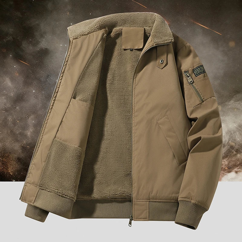 Men's Winter Fleece-Lined Bomber Jacket, Heavy Duty Cotton Military Style with Multiple Pockets, Ideal for Casual Daily Wear