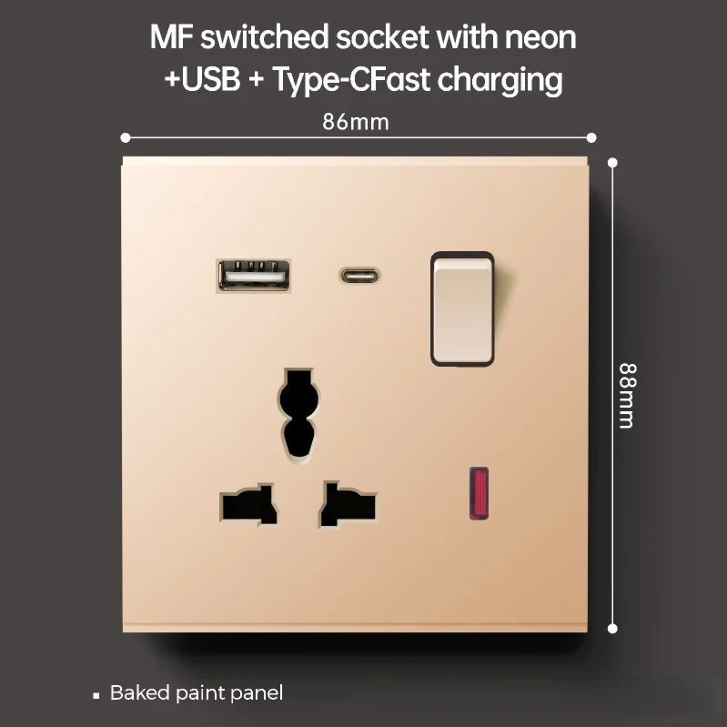 Uk Type 86 13A Universal Rose Gold 220V Wall Large Warped 1gang2way Cross Button Light Switch,USB Electric Plug Wall Socket