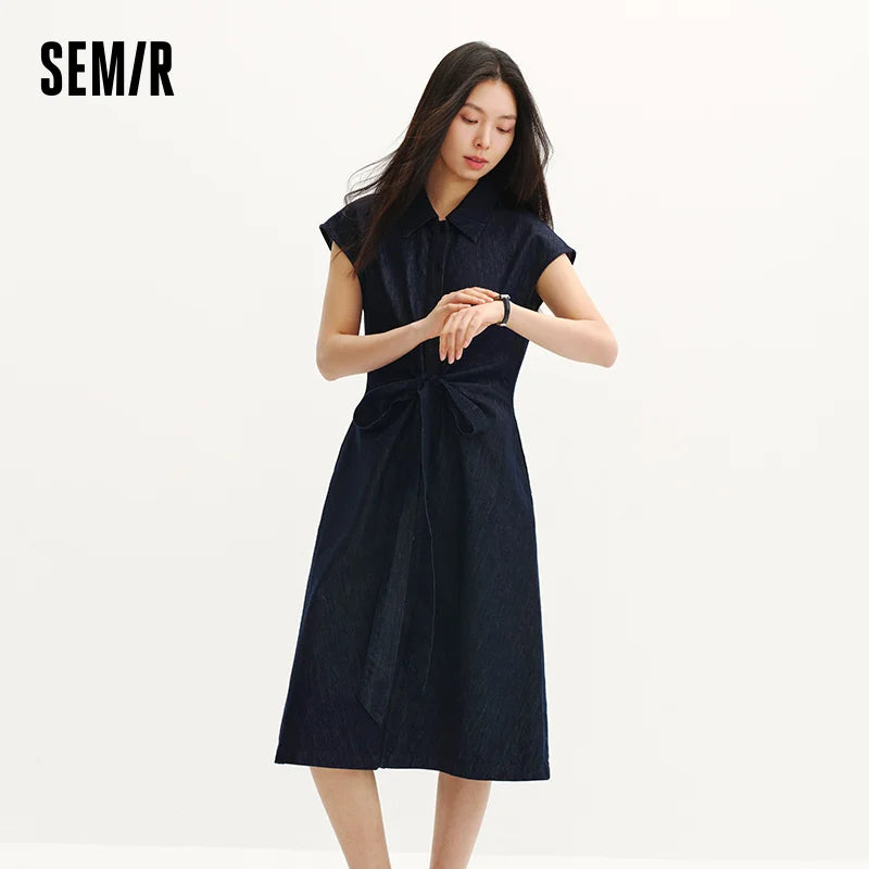 Semir Women Dress Denim Knot Waist Cinching Bow Cool Feeling Stylish Design Midi 2026 Summer Casual Fashion Top