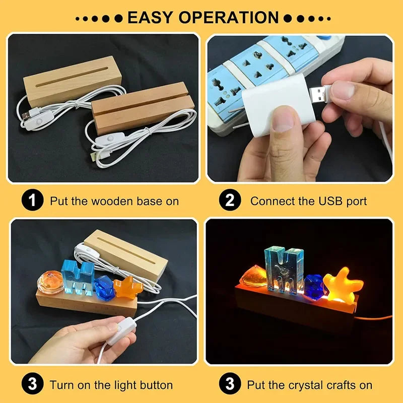 LED Solid Wood Lamp DIY Romantic Night Light, Crystal Glass Lamp Base Switch Log Lamp USB Rectangular Display Lamp Display Stand