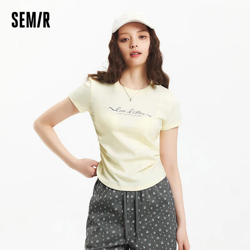 Semir Womens Tshirt 2026 Short Style Slim Printed Regular Shoulder Ruched Waist Slim Fit Casual Soft Daily Wear