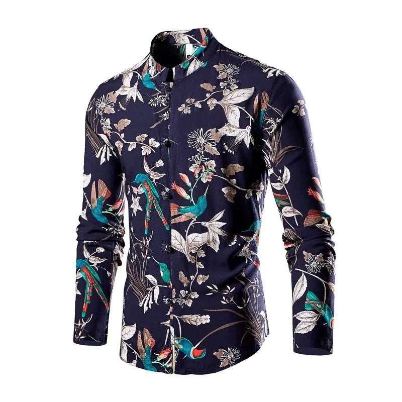 Chinese Style Men's Red Stand-up Collar Long-sleeved Shirt, Single-breasted Printed Shirts, Fashion Casual Camisas. New 2026