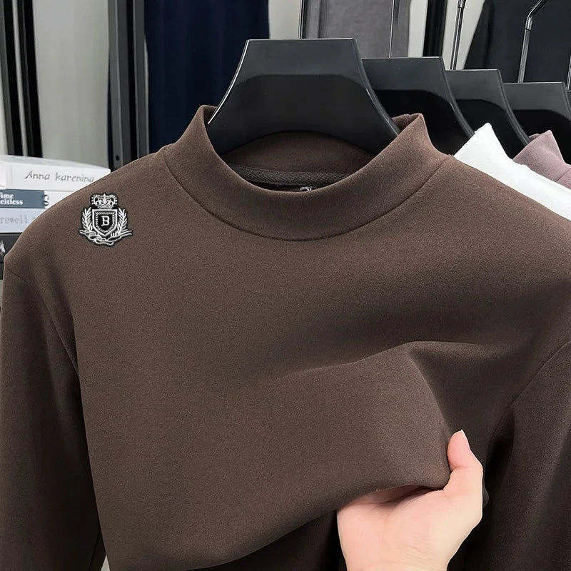 Luxury Man Long-Sleeved T-Shirt Mock Neck Letter Pattern Embroidery Dralon Fabric Autumn Winter New Tops Casual Men's Clothing