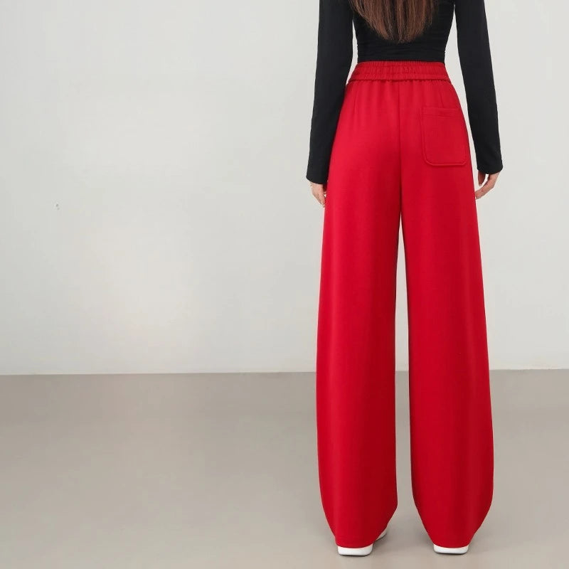 Bright Red Women's High-waisted Wide-leg Pants; Black Athletic and Casual Trousers for Spring and Fall; Asian Sizes S–XXL.