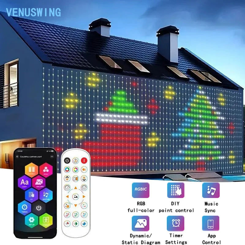 ភ្លើងវាំងនន RGB ភ្លើងភ្លេង LED ខ្សែ ភ្លើង IP65 ធន់នឹងទឹក ភ្លើងទេពអប្សរ ភ្លើងពណ៌ថាមវន្ត ចង្កៀងបរិយាកាសថ្ងៃឈប់សម្រាក