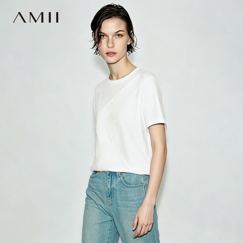 Amii Women's T-Shirt 2026 Summer New Round Neck Patchwork Satin Trim Short Sleeve T Shirt Woman Loose Office Casual Top 12622192