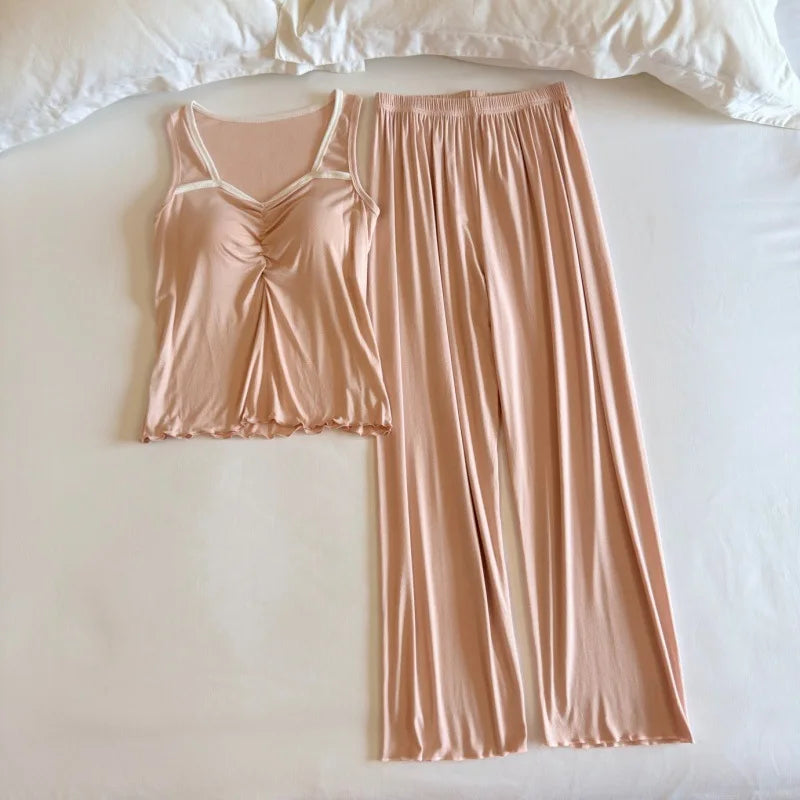Sleeveless Nightwear Women Pajama Women's Home Clothes Chest Pad Homewear 2 Pieces Sleepwear for Summer Suit Long Pants Pijama