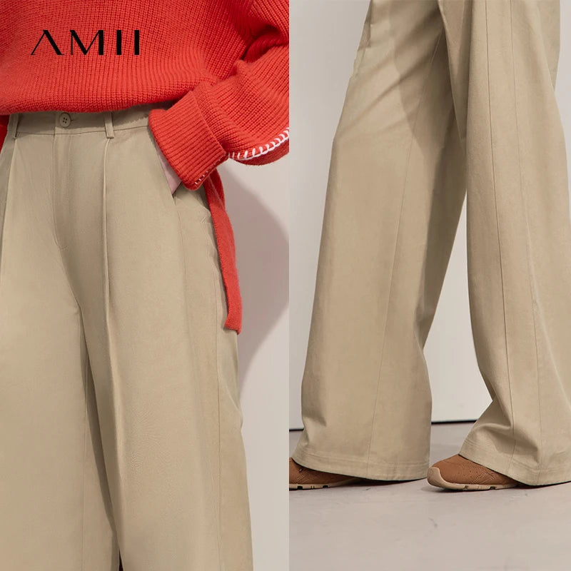 ខោ AMII សម្រាប់នារីធម្មតា រដូវស្លឹកឈើជ្រុះ ឆ្នាំ២០២៥ កប្បាសឆើតឆាយ សាមញ្ញ រលុង ចង្កេះខ្ពស់ ខោជើងវែងបត់ សម្លៀកបំពាក់នារីការិយាល័យ 12553020